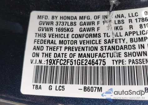 2016 Honda Civic Lx z USA, uszkodzony, nr VIN 19XFC2F51GE246475